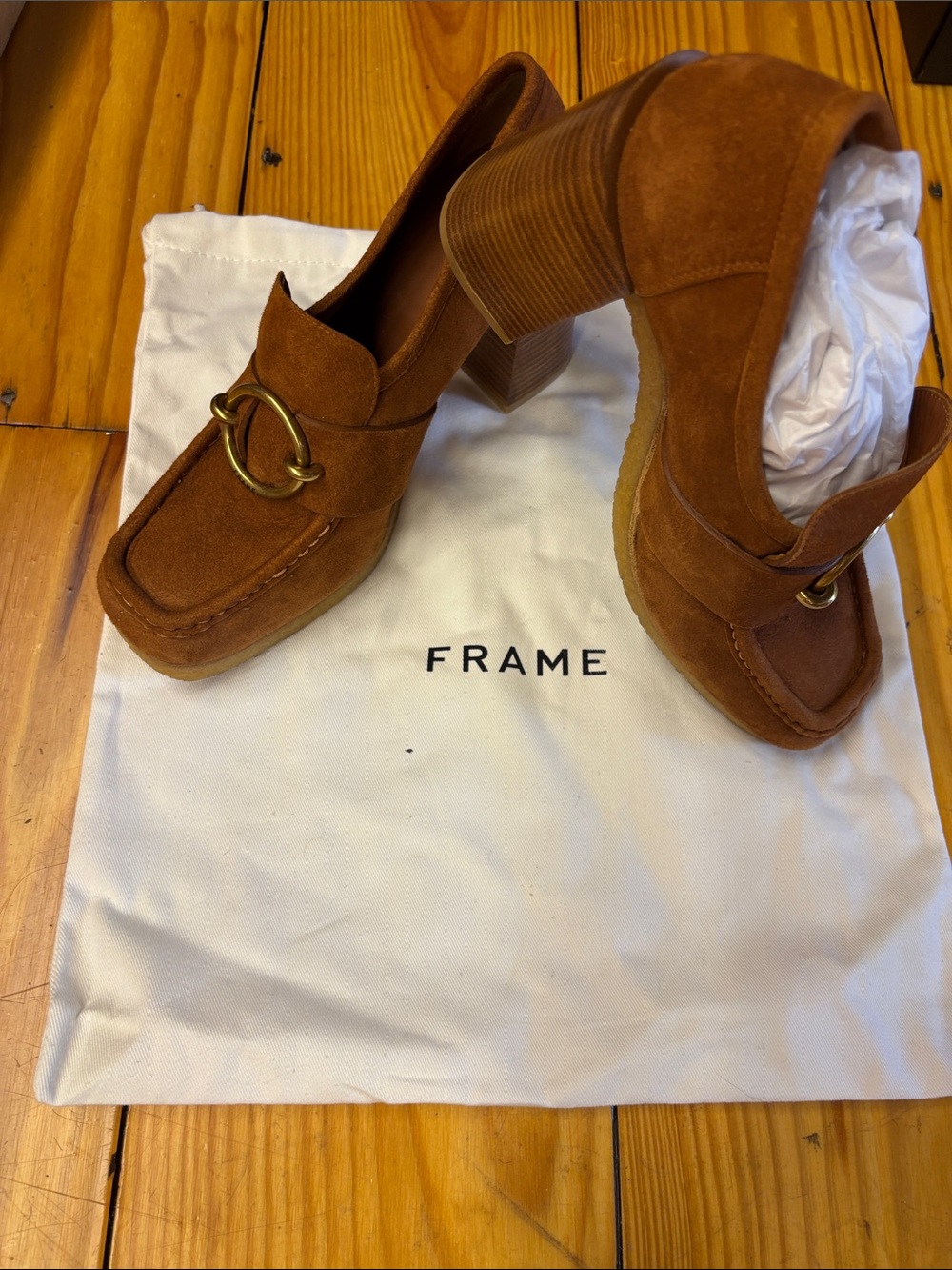 Frame Denim Suede Block Heel Loafers in Cognac Brown